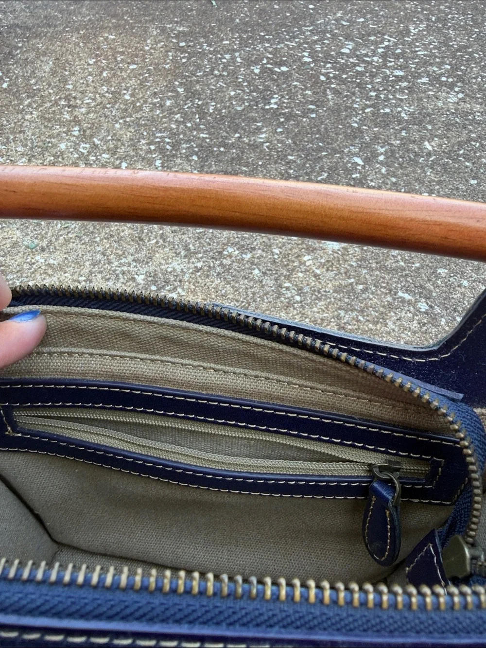 Kayden Plus Navy Leather Top-Handle Crossbody Bag with Wood Accent. NWOT